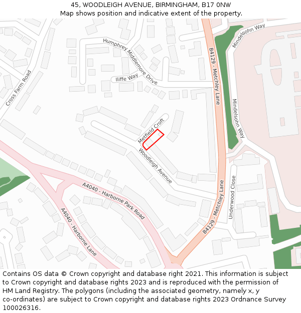45, WOODLEIGH AVENUE, BIRMINGHAM, B17 0NW: Location map and indicative extent of plot