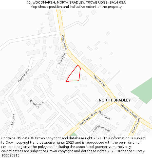 45, WOODMARSH, NORTH BRADLEY, TROWBRIDGE, BA14 0SA: Location map and indicative extent of plot