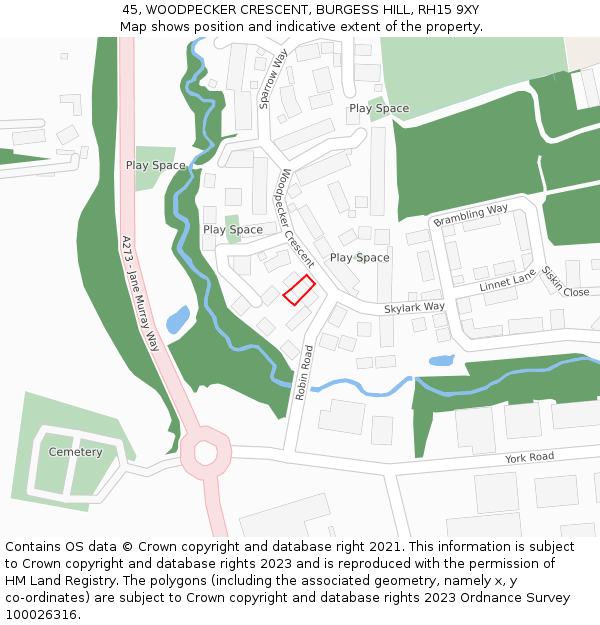 45, WOODPECKER CRESCENT, BURGESS HILL, RH15 9XY: Location map and indicative extent of plot