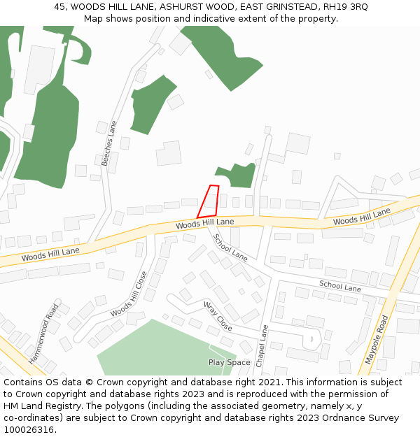 45, WOODS HILL LANE, ASHURST WOOD, EAST GRINSTEAD, RH19 3RQ: Location map and indicative extent of plot