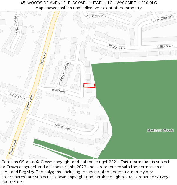 45, WOODSIDE AVENUE, FLACKWELL HEATH, HIGH WYCOMBE, HP10 9LG: Location map and indicative extent of plot