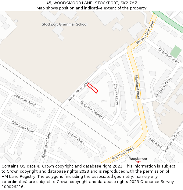 45, WOODSMOOR LANE, STOCKPORT, SK2 7AZ: Location map and indicative extent of plot