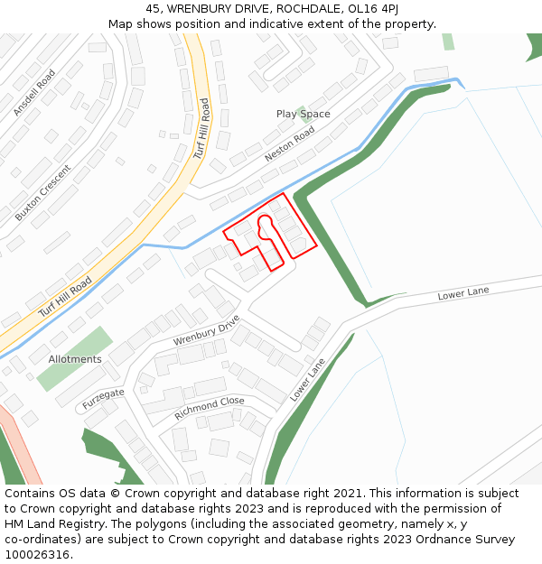 45, WRENBURY DRIVE, ROCHDALE, OL16 4PJ: Location map and indicative extent of plot