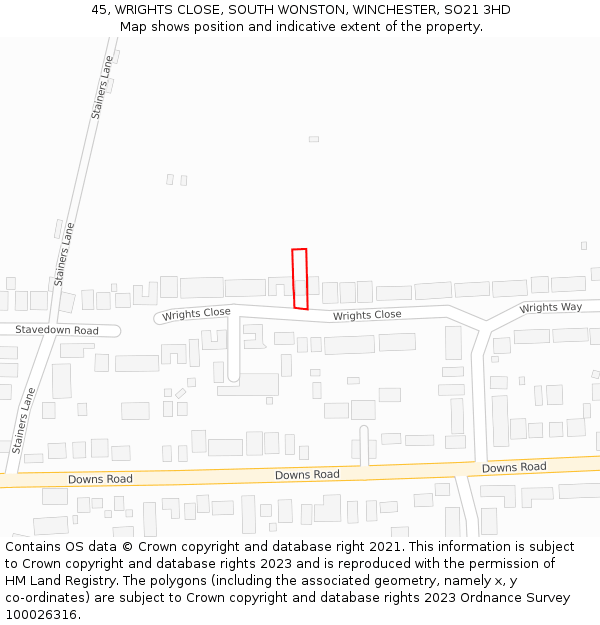 45, WRIGHTS CLOSE, SOUTH WONSTON, WINCHESTER, SO21 3HD: Location map and indicative extent of plot