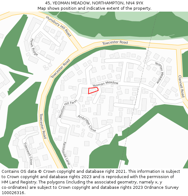 45, YEOMAN MEADOW, NORTHAMPTON, NN4 9YX: Location map and indicative extent of plot