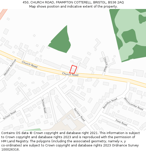 450, CHURCH ROAD, FRAMPTON COTTERELL, BRISTOL, BS36 2AQ: Location map and indicative extent of plot