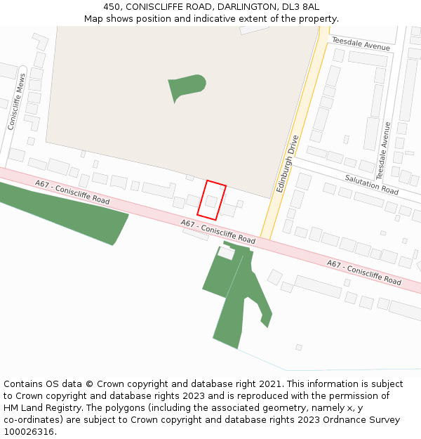 450, CONISCLIFFE ROAD, DARLINGTON, DL3 8AL: Location map and indicative extent of plot