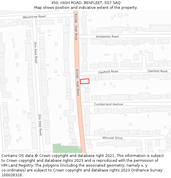 450, HIGH ROAD, BENFLEET, SS7 5AQ: Location map and indicative extent of plot