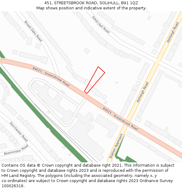 451, STREETSBROOK ROAD, SOLIHULL, B91 1QZ: Location map and indicative extent of plot