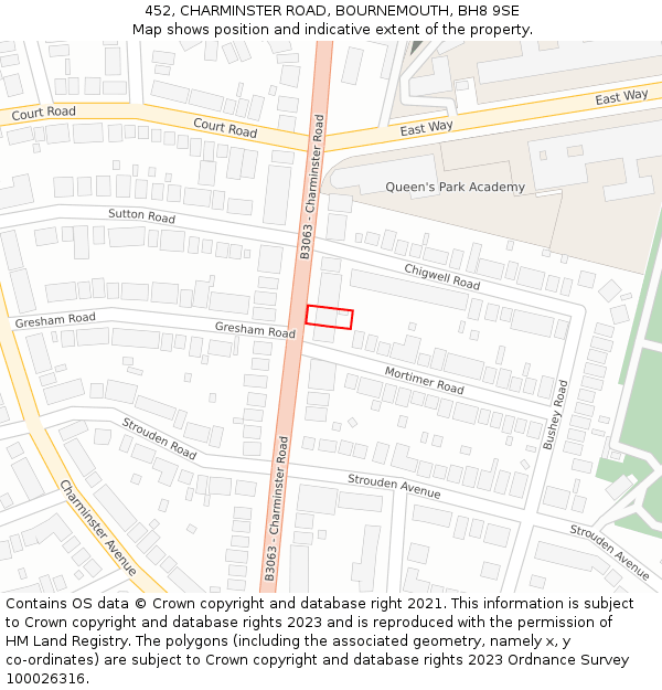 452, CHARMINSTER ROAD, BOURNEMOUTH, BH8 9SE: Location map and indicative extent of plot