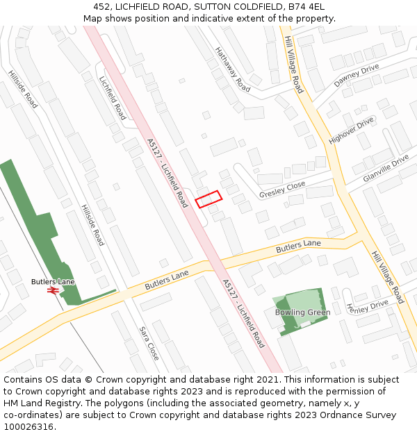 452, LICHFIELD ROAD, SUTTON COLDFIELD, B74 4EL: Location map and indicative extent of plot
