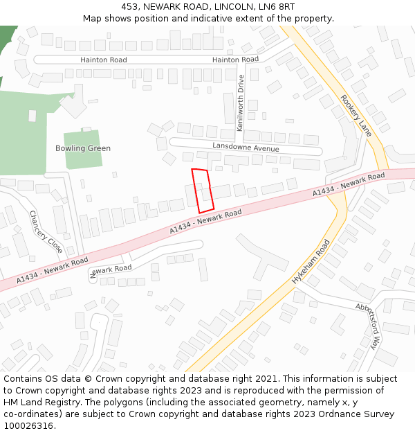 453, NEWARK ROAD, LINCOLN, LN6 8RT: Location map and indicative extent of plot
