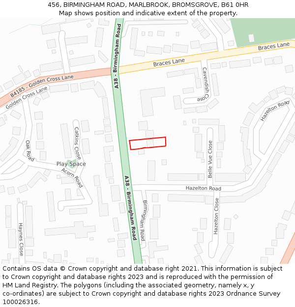 456, BIRMINGHAM ROAD, MARLBROOK, BROMSGROVE, B61 0HR: Location map and indicative extent of plot