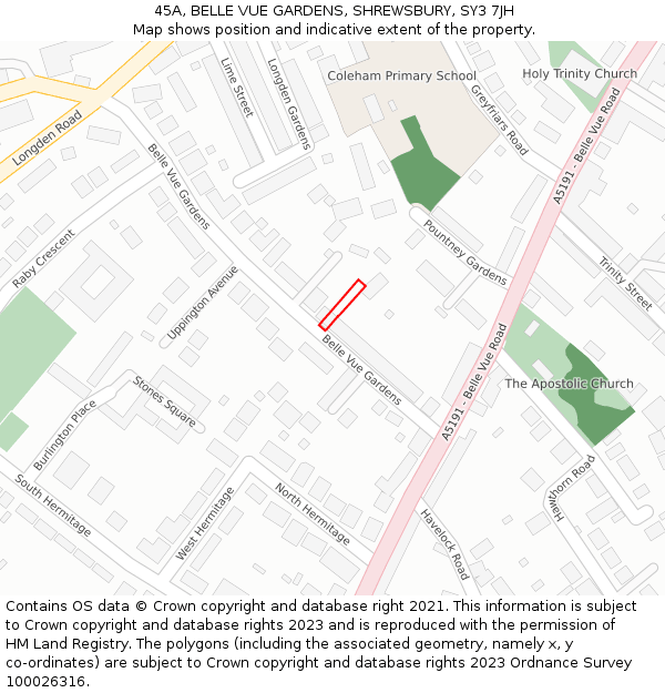 45A, BELLE VUE GARDENS, SHREWSBURY, SY3 7JH: Location map and indicative extent of plot