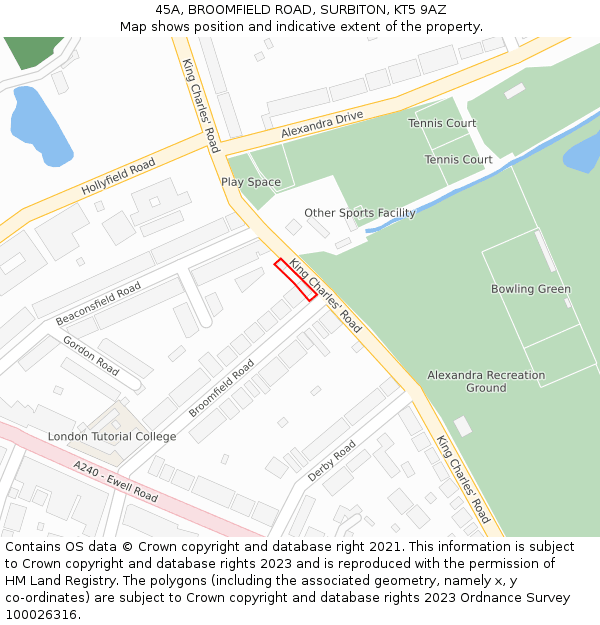 45A, BROOMFIELD ROAD, SURBITON, KT5 9AZ: Location map and indicative extent of plot