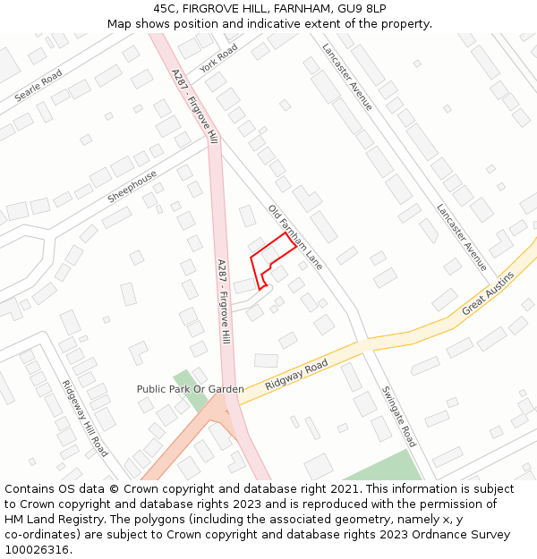 45C, FIRGROVE HILL, FARNHAM, GU9 8LP: Location map and indicative extent of plot