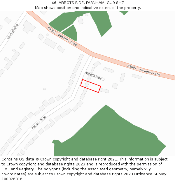 46, ABBOTS RIDE, FARNHAM, GU9 8HZ: Location map and indicative extent of plot