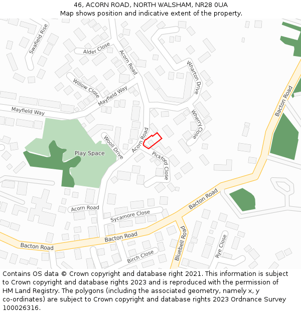 46, ACORN ROAD, NORTH WALSHAM, NR28 0UA: Location map and indicative extent of plot