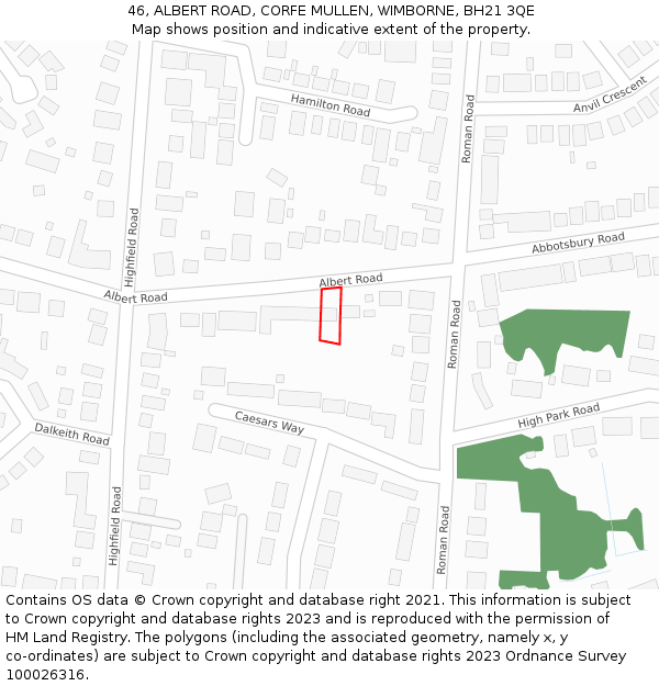 46, ALBERT ROAD, CORFE MULLEN, WIMBORNE, BH21 3QE: Location map and indicative extent of plot