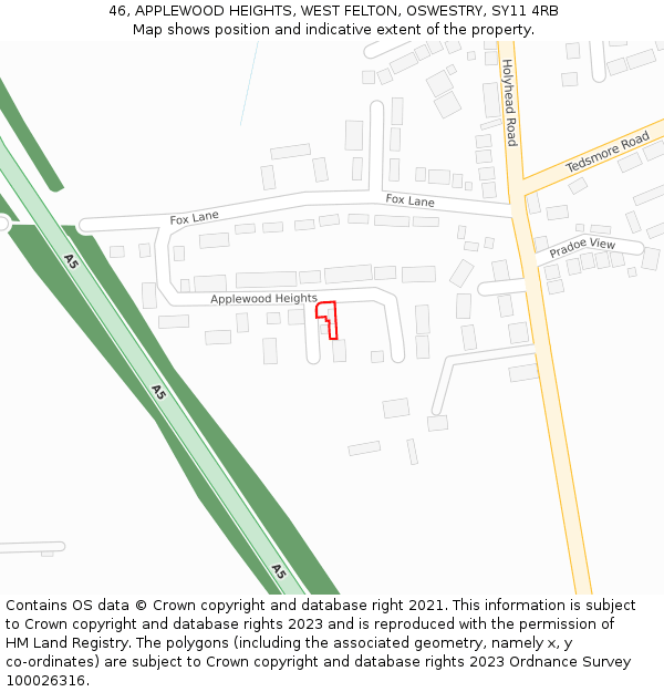 46, APPLEWOOD HEIGHTS, WEST FELTON, OSWESTRY, SY11 4RB: Location map and indicative extent of plot