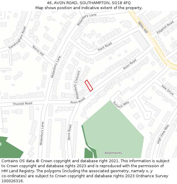 46, AVON ROAD, SOUTHAMPTON, SO18 4FQ: Location map and indicative extent of plot