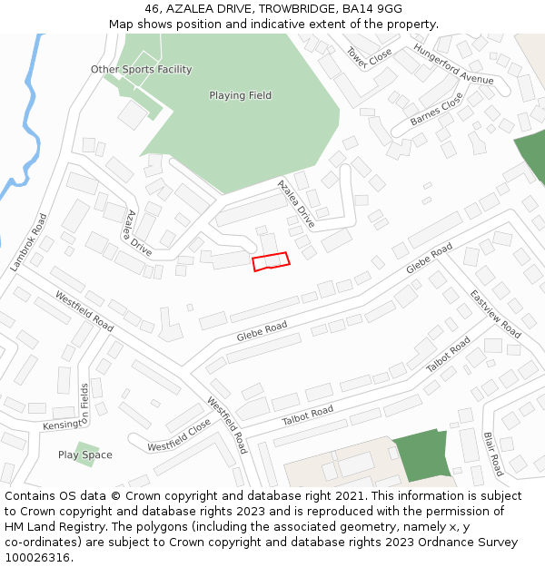 46, AZALEA DRIVE, TROWBRIDGE, BA14 9GG: Location map and indicative extent of plot