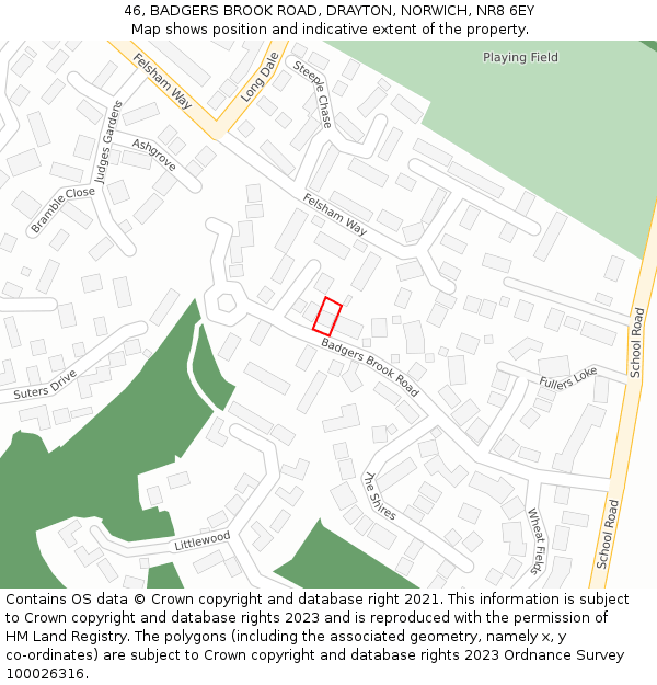 46, BADGERS BROOK ROAD, DRAYTON, NORWICH, NR8 6EY: Location map and indicative extent of plot