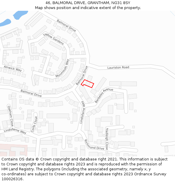 46, BALMORAL DRIVE, GRANTHAM, NG31 8SY: Location map and indicative extent of plot