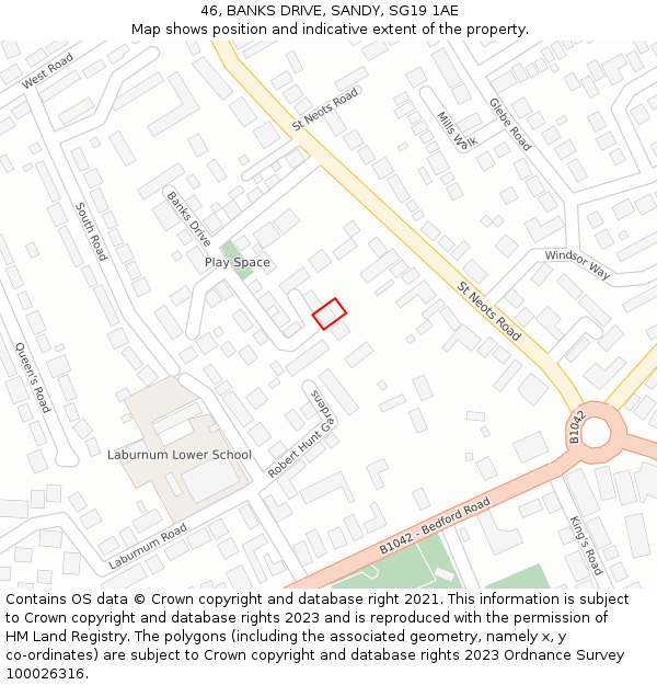 46, BANKS DRIVE, SANDY, SG19 1AE: Location map and indicative extent of plot