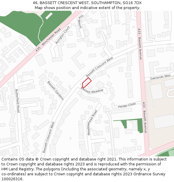 46, BASSETT CRESCENT WEST, SOUTHAMPTON, SO16 7DX: Location map and indicative extent of plot