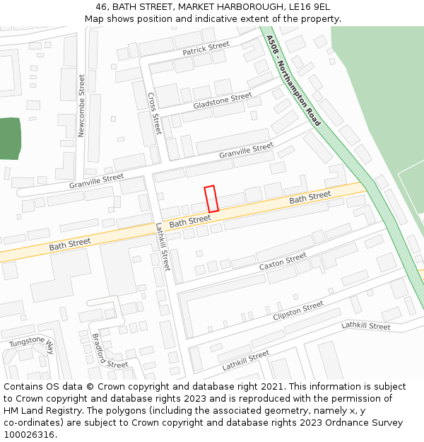 46, BATH STREET, MARKET HARBOROUGH, LE16 9EL: Location map and indicative extent of plot