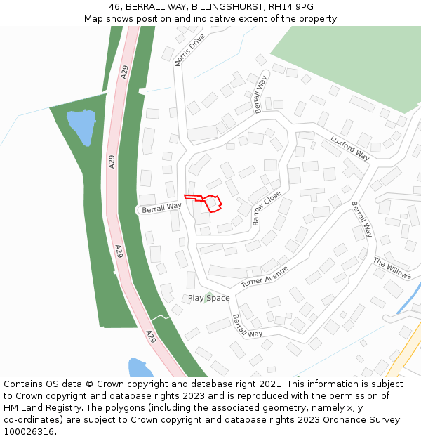 46, BERRALL WAY, BILLINGSHURST, RH14 9PG: Location map and indicative extent of plot