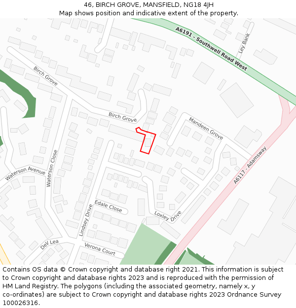 46, BIRCH GROVE, MANSFIELD, NG18 4JH: Location map and indicative extent of plot