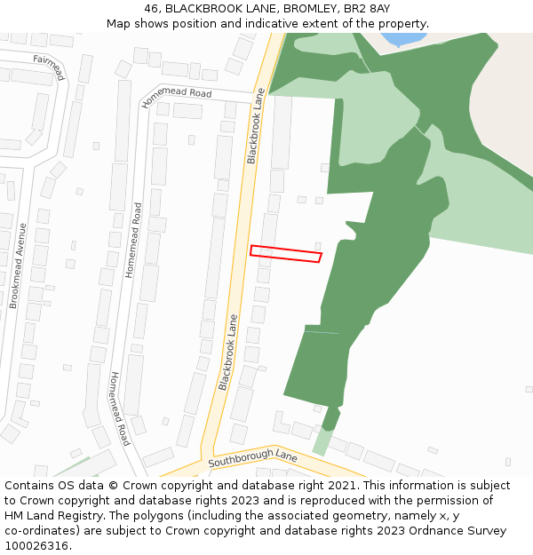 46, BLACKBROOK LANE, BROMLEY, BR2 8AY: Location map and indicative extent of plot