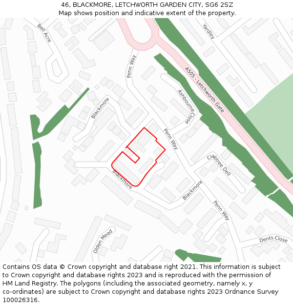 46, BLACKMORE, LETCHWORTH GARDEN CITY, SG6 2SZ: Location map and indicative extent of plot