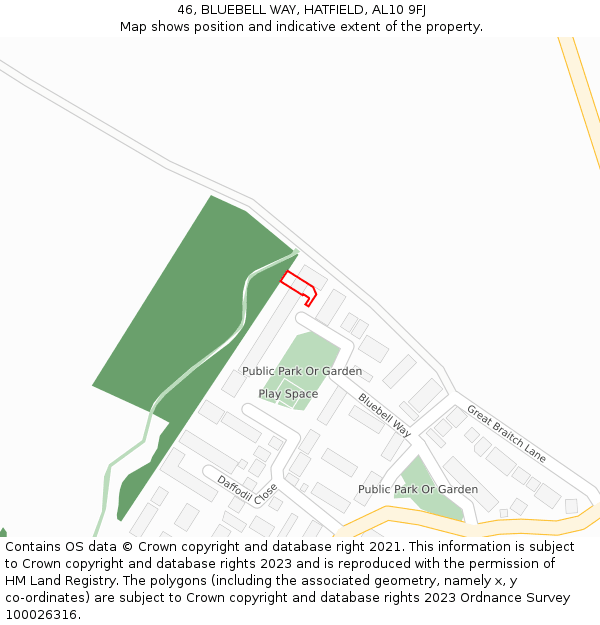 46, BLUEBELL WAY, HATFIELD, AL10 9FJ: Location map and indicative extent of plot