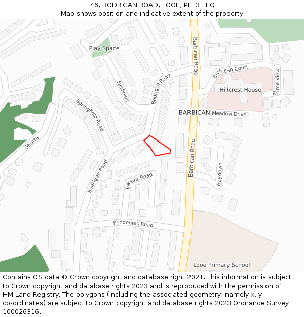 46, BODRIGAN ROAD, LOOE, PL13 1EQ: Location map and indicative extent of plot