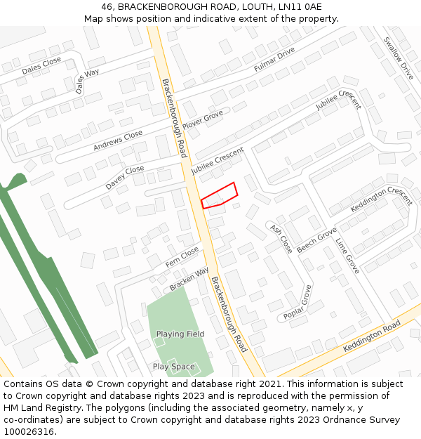 46, BRACKENBOROUGH ROAD, LOUTH, LN11 0AE: Location map and indicative extent of plot