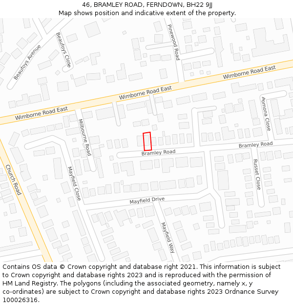 46, BRAMLEY ROAD, FERNDOWN, BH22 9JJ: Location map and indicative extent of plot