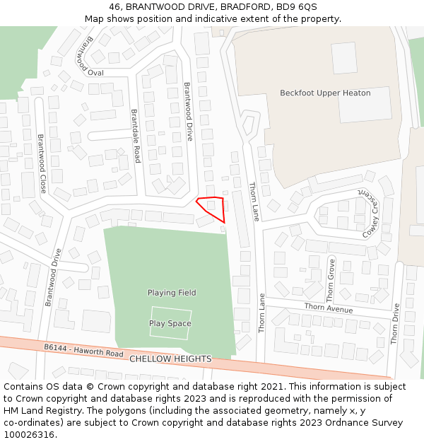 46, BRANTWOOD DRIVE, BRADFORD, BD9 6QS: Location map and indicative extent of plot