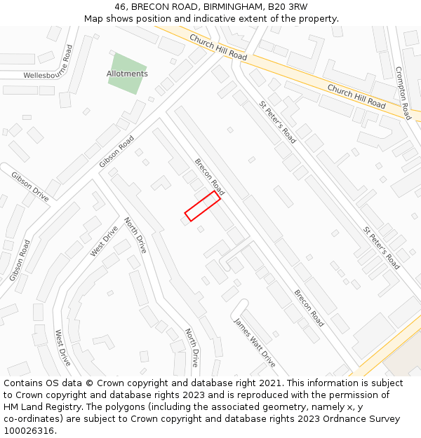 46, BRECON ROAD, BIRMINGHAM, B20 3RW: Location map and indicative extent of plot