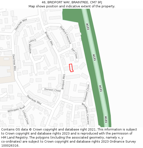 46, BRIDPORT WAY, BRAINTREE, CM7 9FJ: Location map and indicative extent of plot