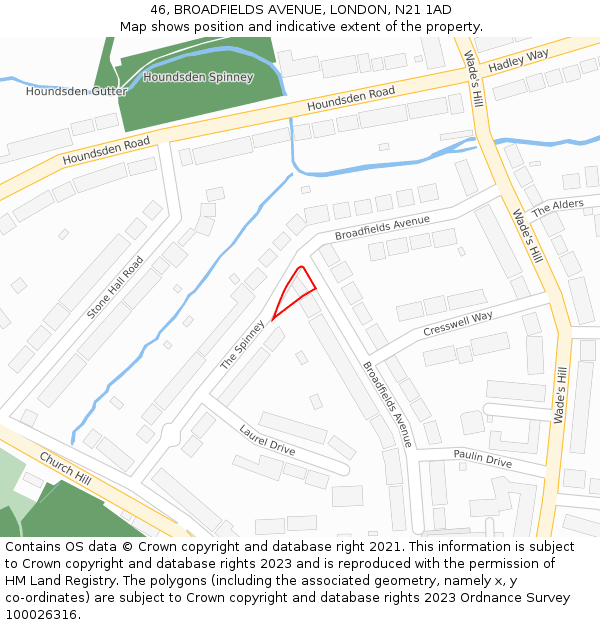 46, BROADFIELDS AVENUE, LONDON, N21 1AD: Location map and indicative extent of plot