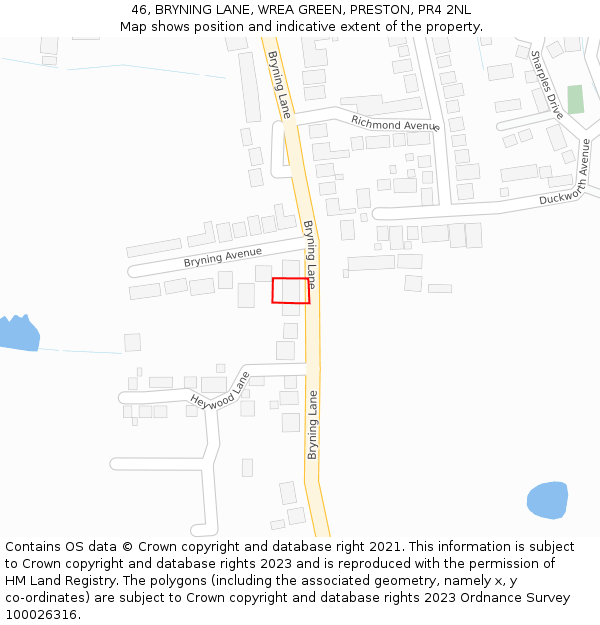 46, BRYNING LANE, WREA GREEN, PRESTON, PR4 2NL: Location map and indicative extent of plot