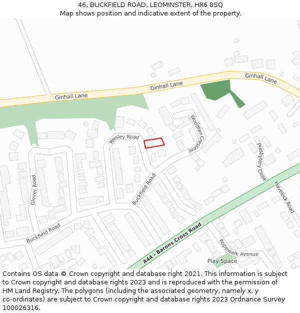 46, BUCKFIELD ROAD, LEOMINSTER, HR6 8SQ: Location map and indicative extent of plot
