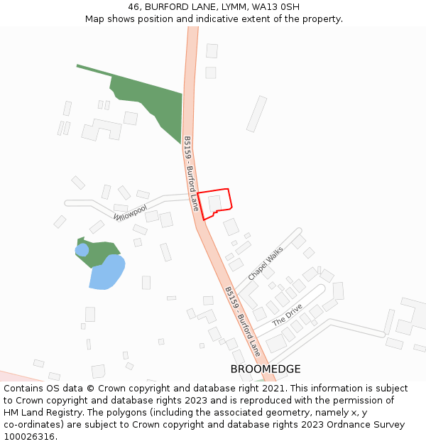 46, BURFORD LANE, LYMM, WA13 0SH: Location map and indicative extent of plot