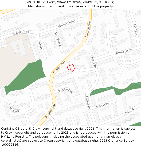 46, BURLEIGH WAY, CRAWLEY DOWN, CRAWLEY, RH10 4UQ: Location map and indicative extent of plot