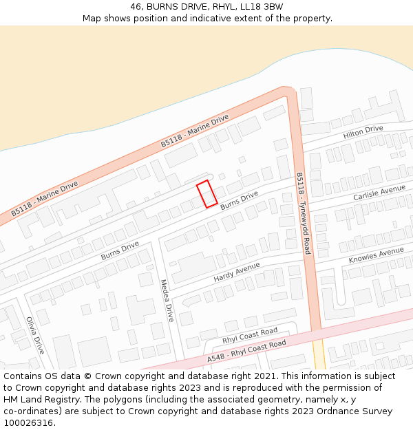 46, BURNS DRIVE, RHYL, LL18 3BW: Location map and indicative extent of plot