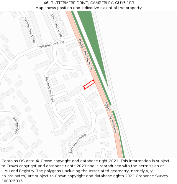 46, BUTTERMERE DRIVE, CAMBERLEY, GU15 1RB: Location map and indicative extent of plot