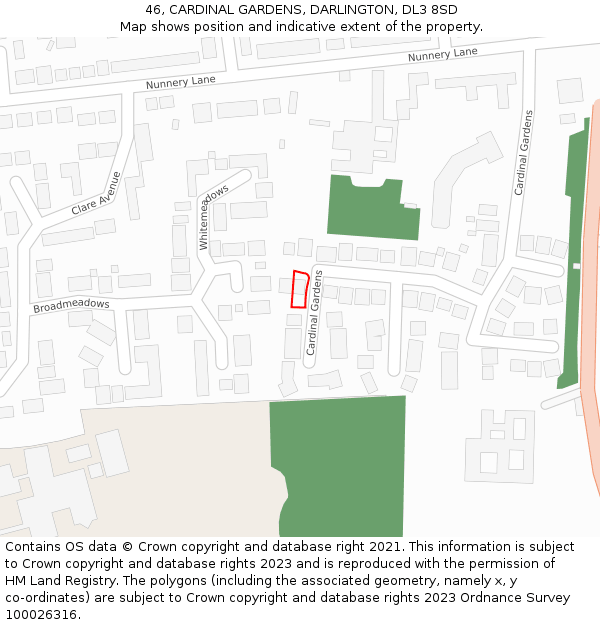 46, CARDINAL GARDENS, DARLINGTON, DL3 8SD: Location map and indicative extent of plot